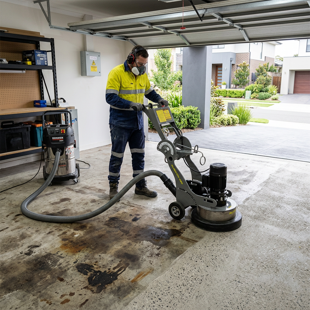 Diamond grinding a concrete slab in preparation for epoxy flooring